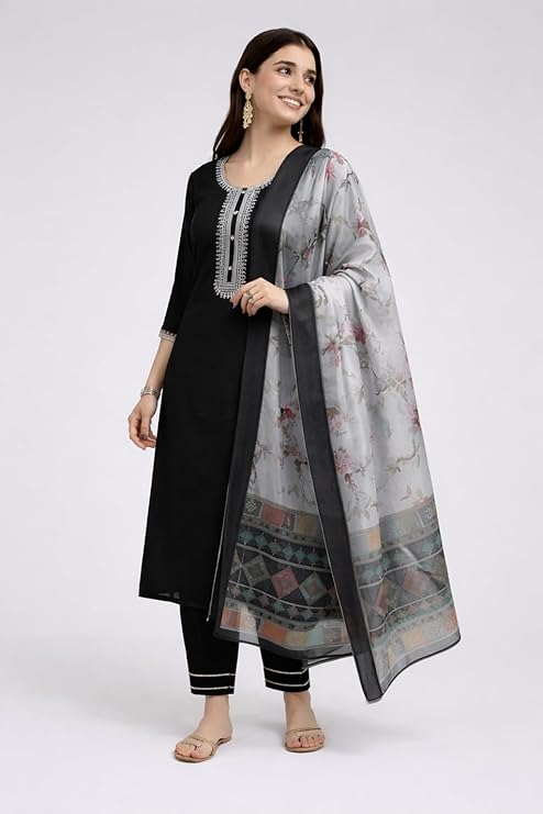 Black Color Magic Cotton Kurta Set for Women | 3 Piece Kurti Pant Dupatta Set with Chanderi Digital Print Dupatta | Ethnic Collection