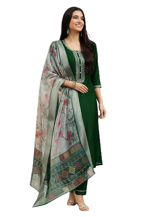 Women Green Color Magic Cotton Kurta Pant Dupatta Set | Digital Printed Straight Kurti with Chanderi Dupatta | 3 Piece Ethnic Wear Set