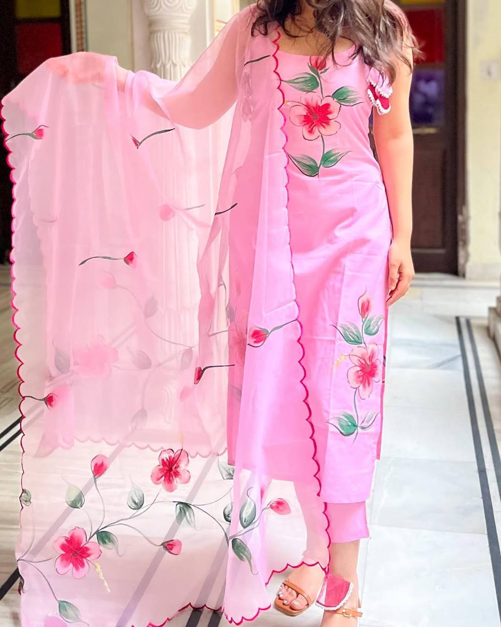 Elegant Light Pink Floral Viscose Readymade Kurti with Dupatta