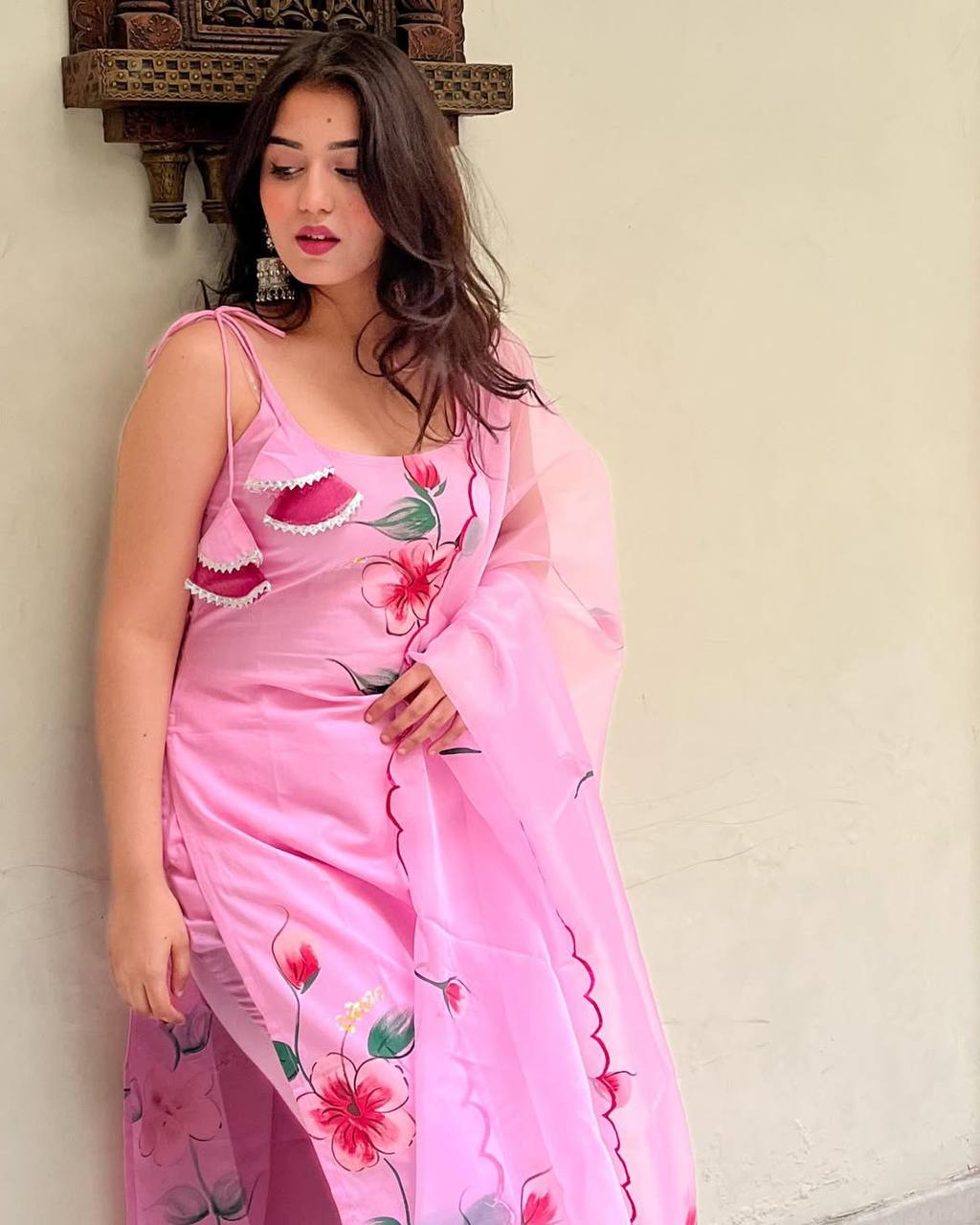Elegant Light Pink Floral Viscose Readymade Kurti with Dupatta