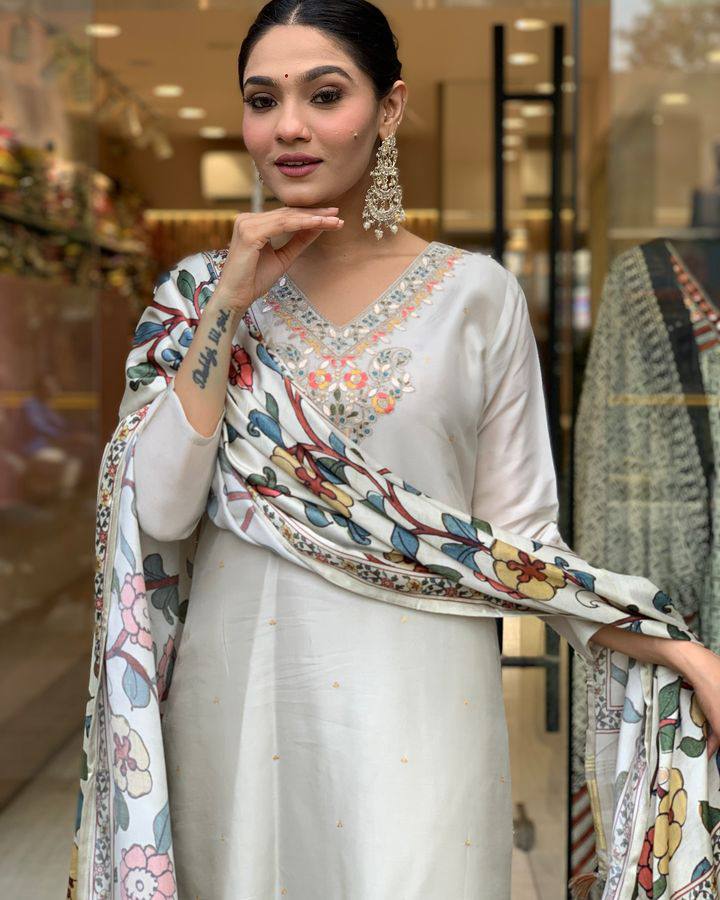 Women’s Regular Fit Kurta | White Embroidered Straight Kurta with Pant and Dupatta Set | Elegant Ethnic