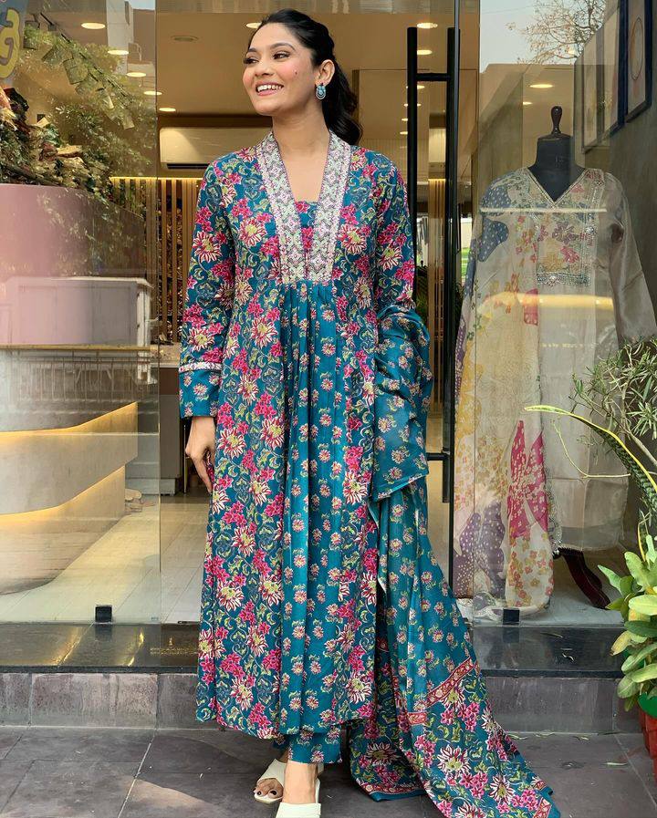 Nevy Blue Ethnic Set Women Printed A-Line Kurta and Pant set with Dupatta