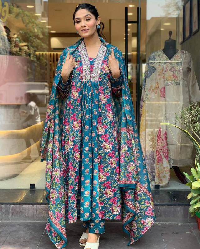 Nevy Blue Ethnic Set Women Printed A-Line Kurta and Pant set with Dupatta