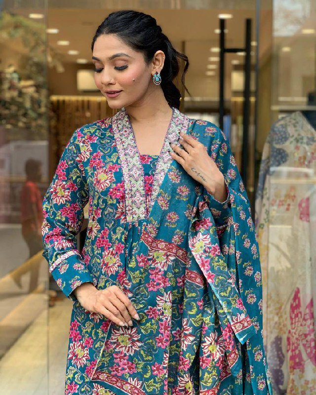 Nevy Blue Ethnic Set Women Printed A-Line Kurta and Pant set with Dupatta