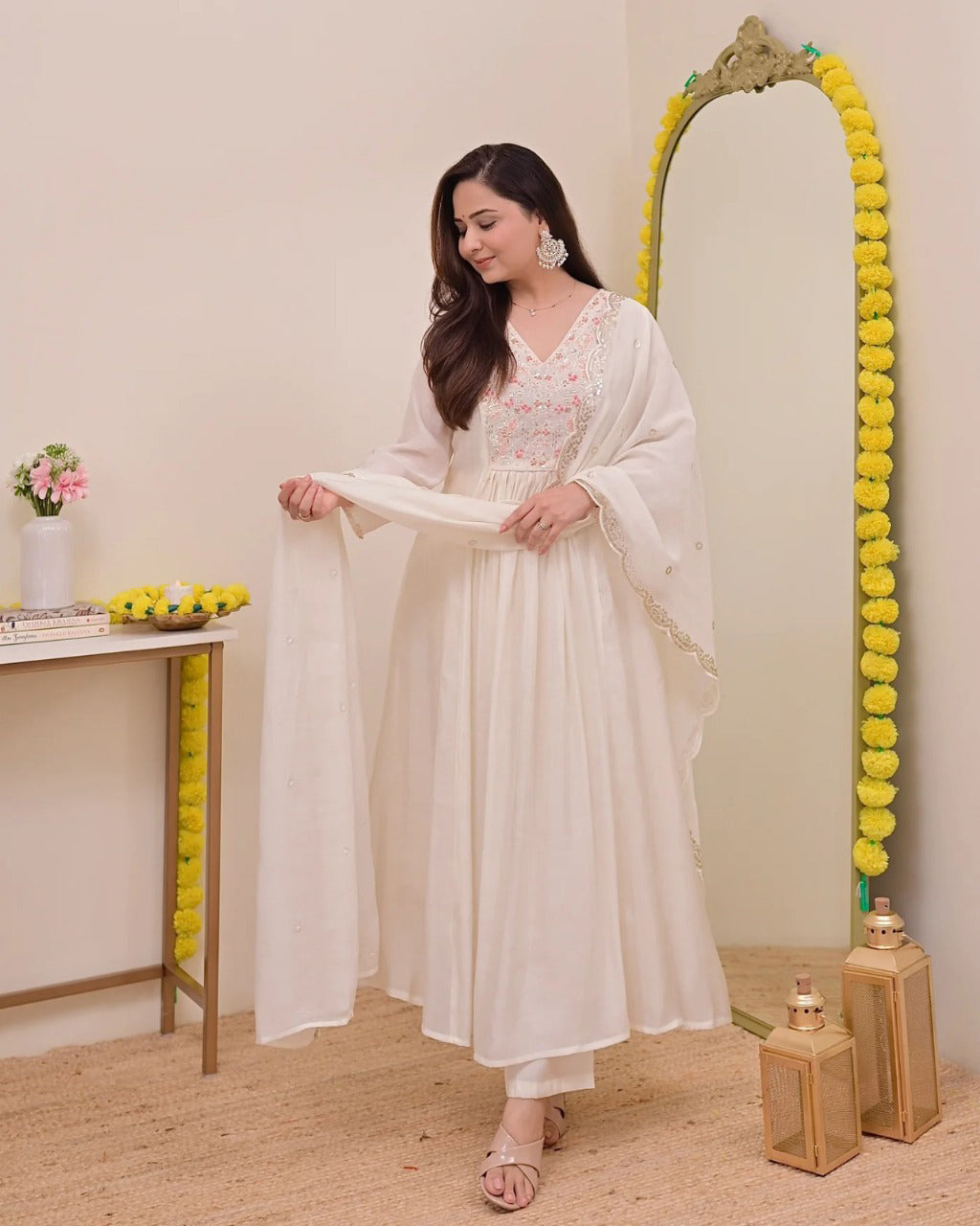 Persian White Noor Handwork Mul Chanderi A Line Suit