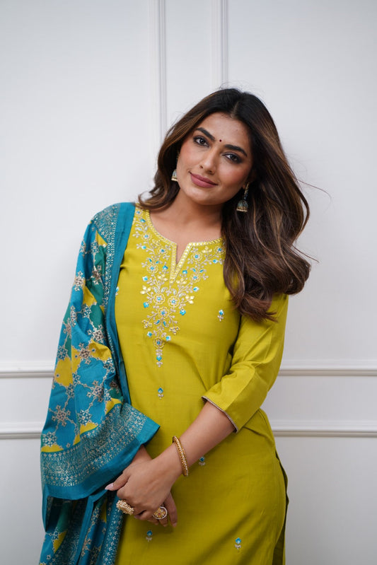 Yellow Women Embroidered Chanderi Silk Kurta Set