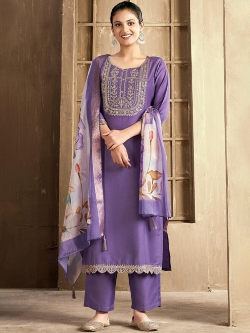Purple Rayon Slub Kurti Pant with Chanderi Dupatta