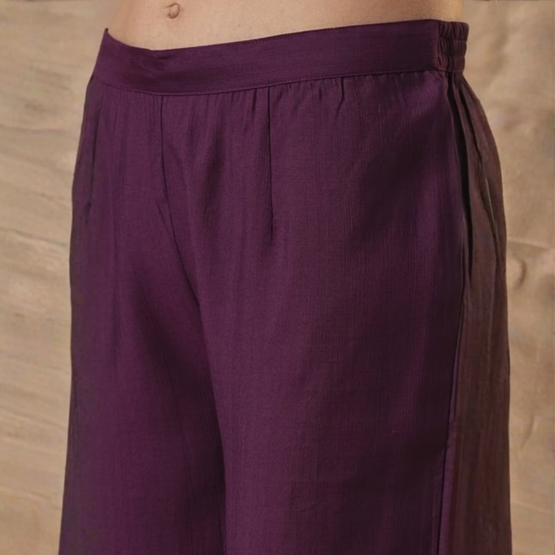 Wine Purple Magic Cotton Embroidered Kurta Set with Chanderi Dupatta