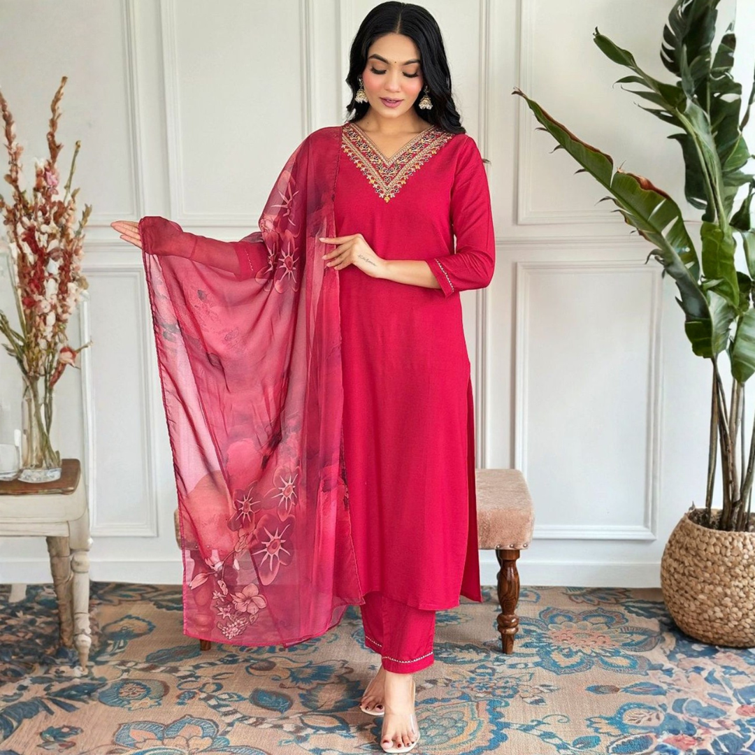 Red Three Piece Embroidered Salwar Kameez & Dupatta Set