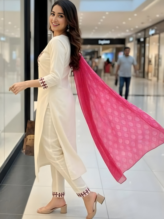Off- White Rayon Slub Embroidered Straight Kurta Set with Dupatta