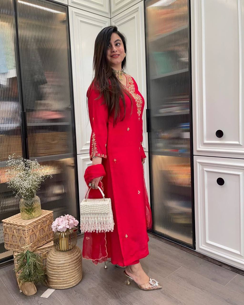 Indian Ethnic Kurta Set for Women | Red Embroidered Kurti with Pant & Organza Dupatta