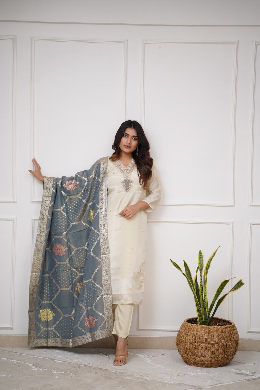 Off White Embroidered Viscose Kurta Set