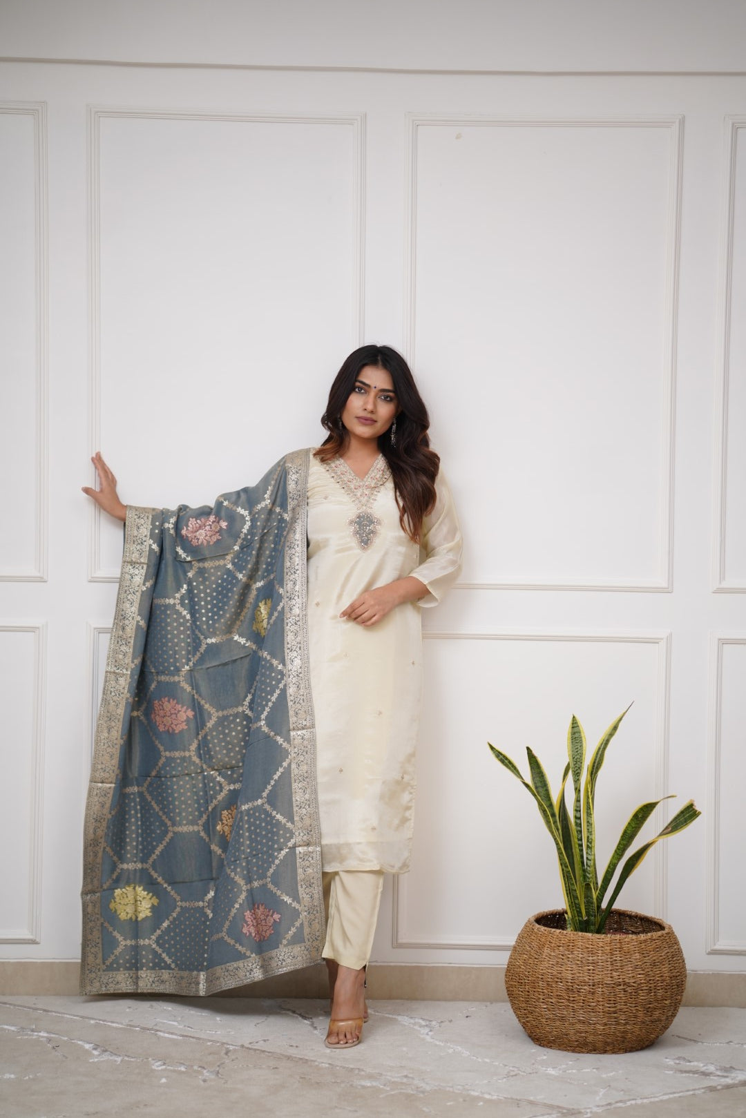 Off White Embroidered Viscose Kurta Set