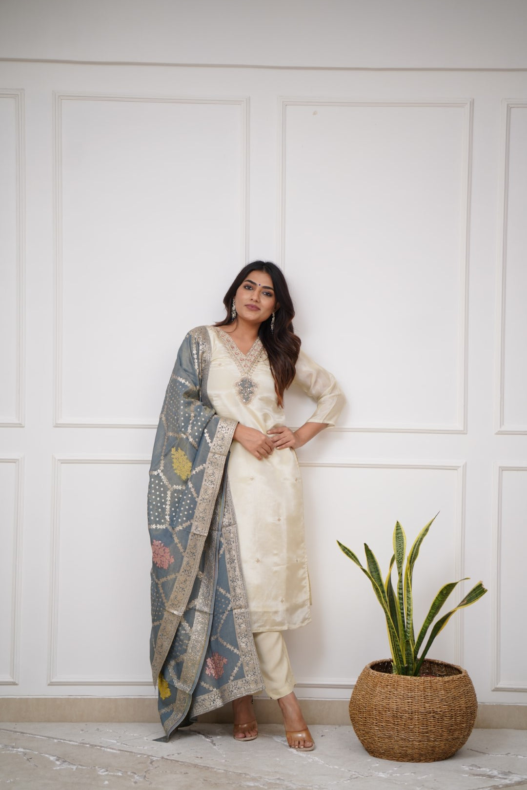 Off White Embroidered Viscose Kurta Set