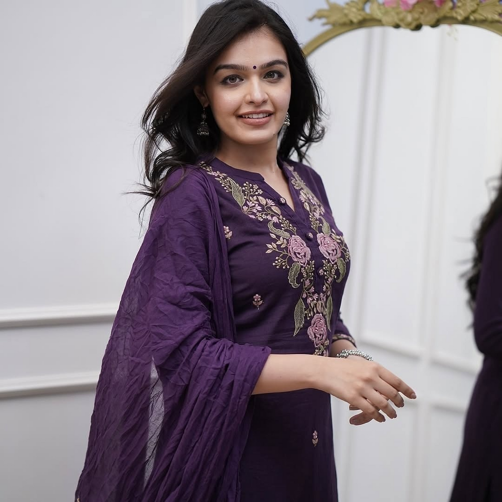 Purple Viscose With Embroidery Kurta Set