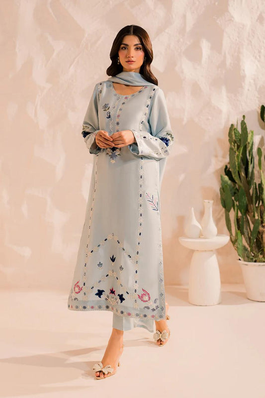 Light Blue Chanderi Silk Readymade Salwar Suit with Embroidered Work