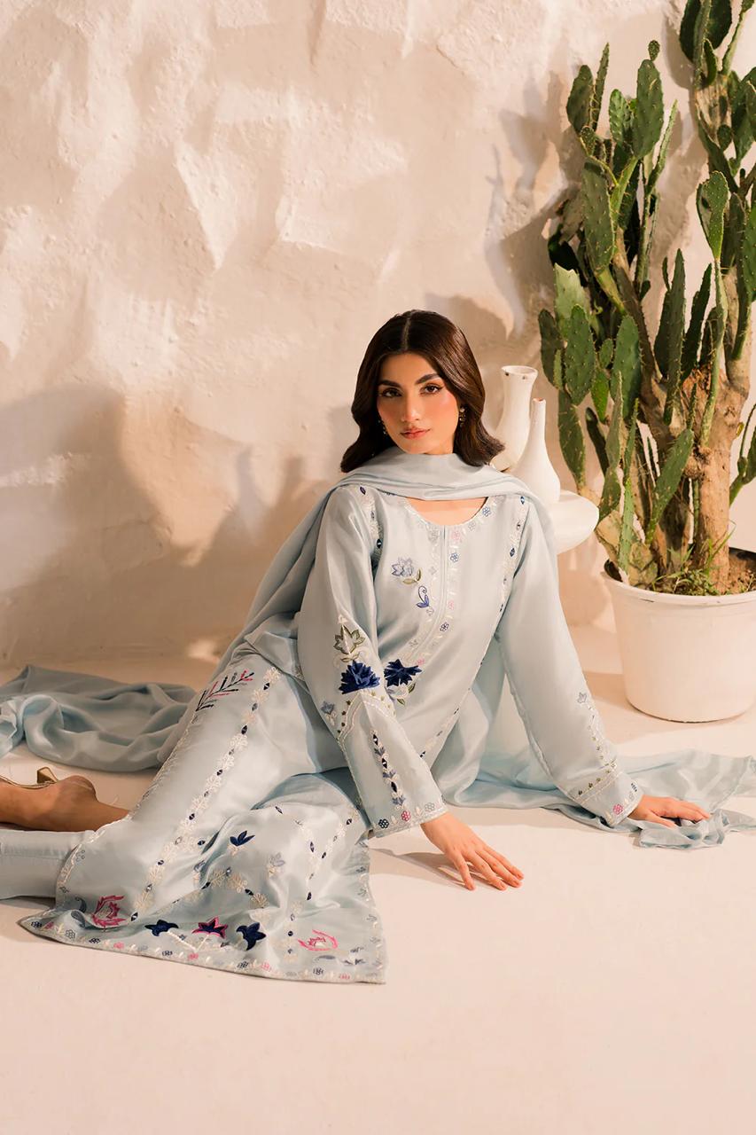 Light Blue Chanderi Silk Readymade Salwar Suit with Embroidered Work