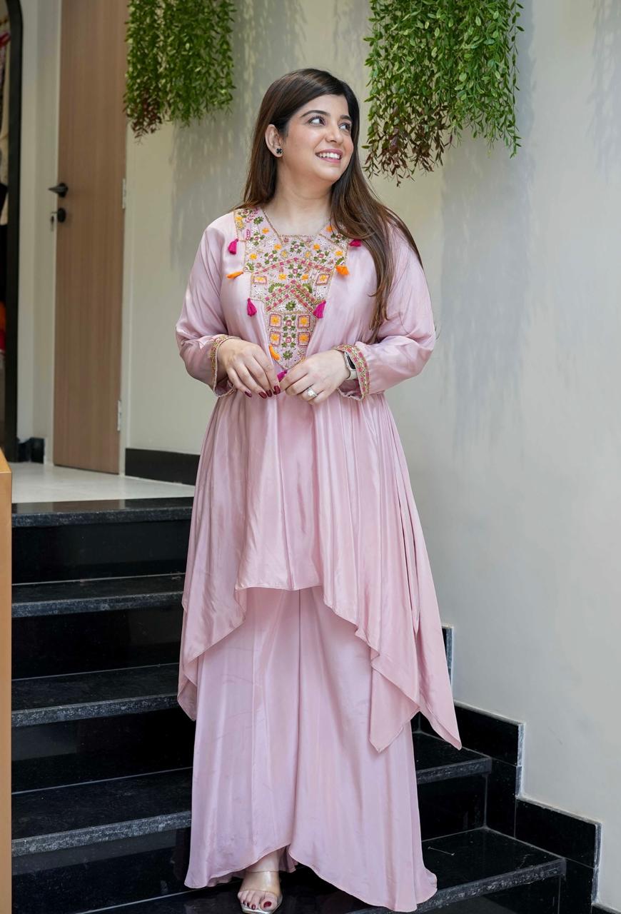 Pink Color Designer French Crepe Embroidered Top With Bottom Collection