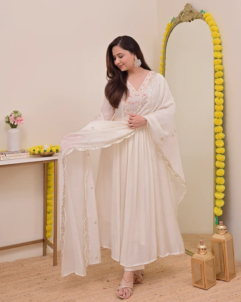 Persian White Noor Handwork Mul Chanderi A Line Suit