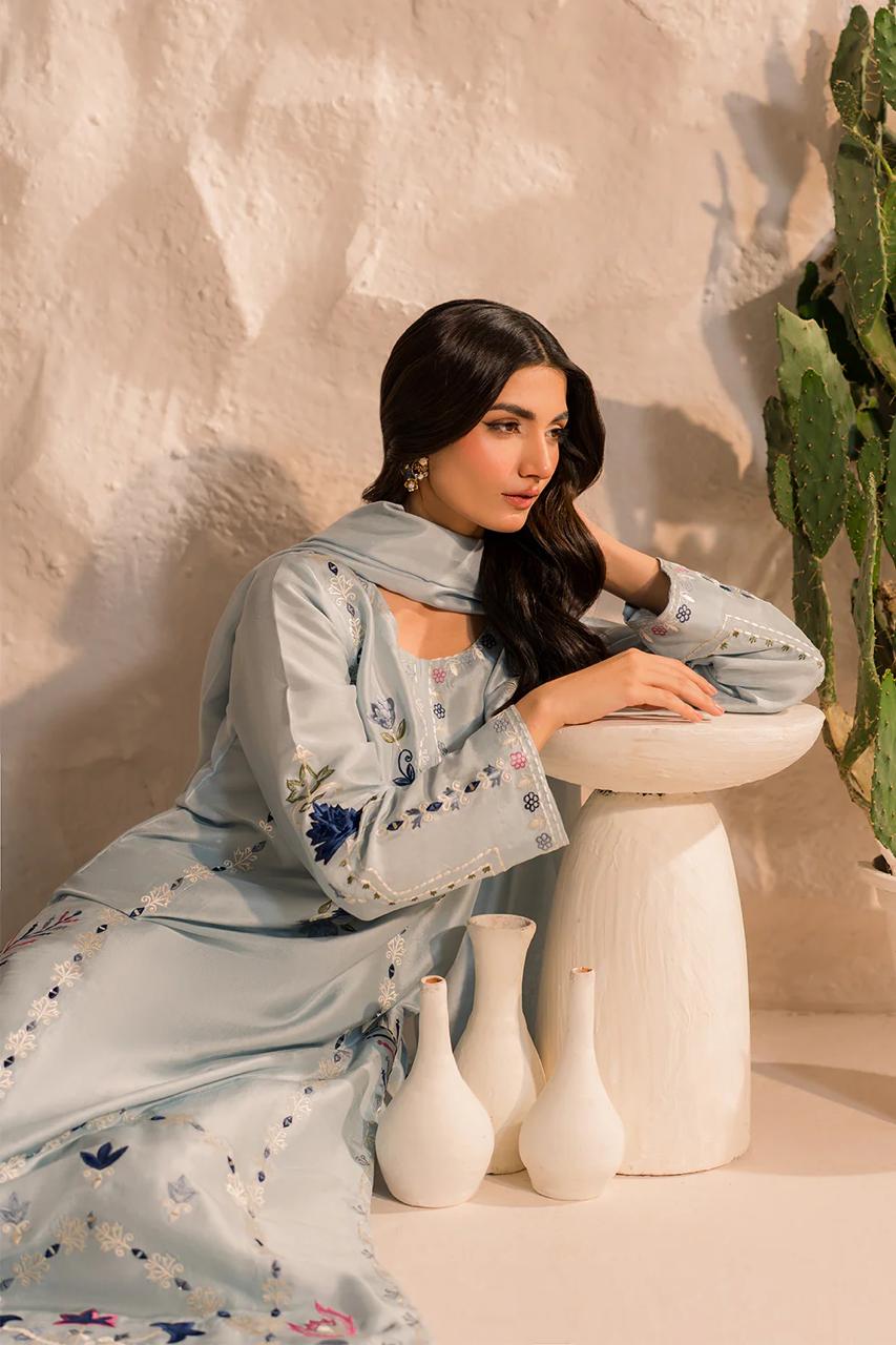 Light Blue Chanderi Silk Readymade Salwar Suit with Embroidered Work