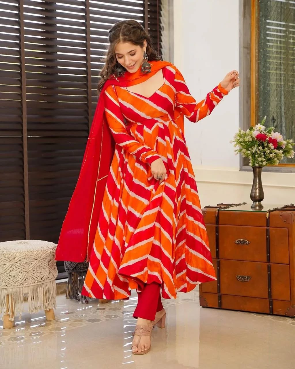 Orange Color Beautiful Lehariya Design