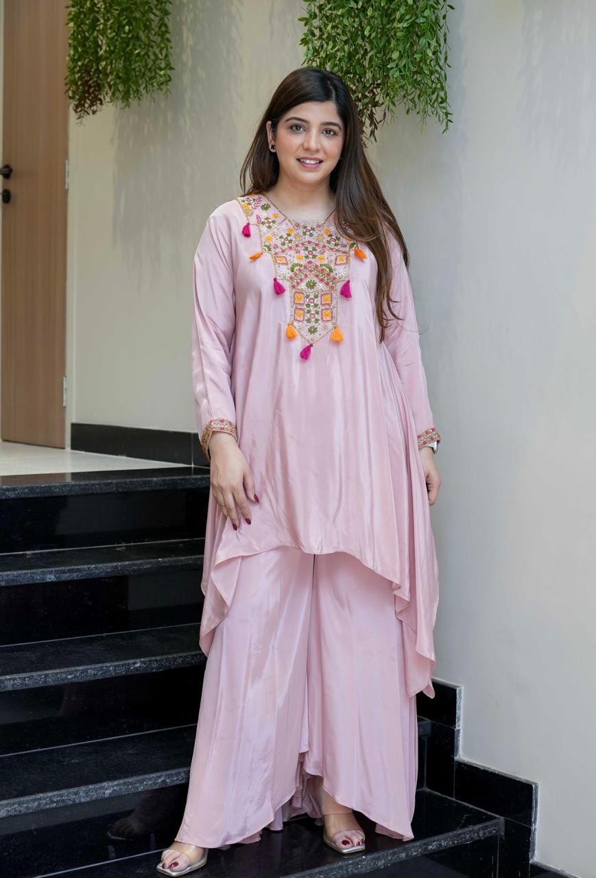 Pink Color Designer French Crepe Embroidered Top With Bottom Collection