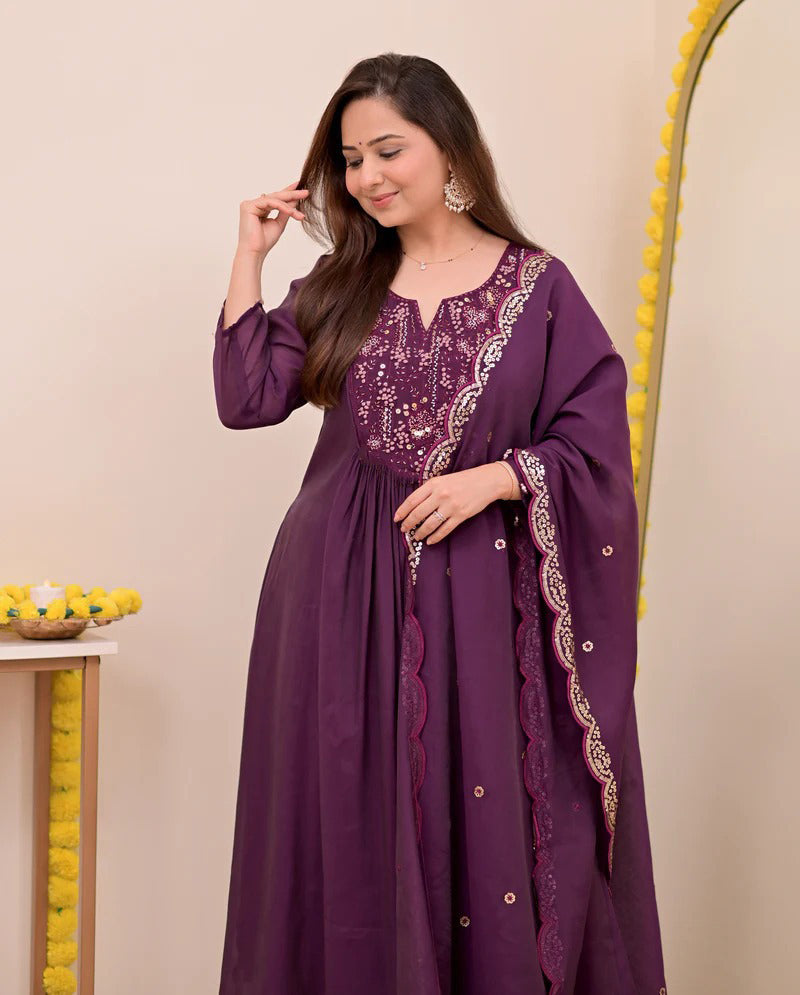 Persian Wine Noor Handwork Mul Chanderi A Line Suit