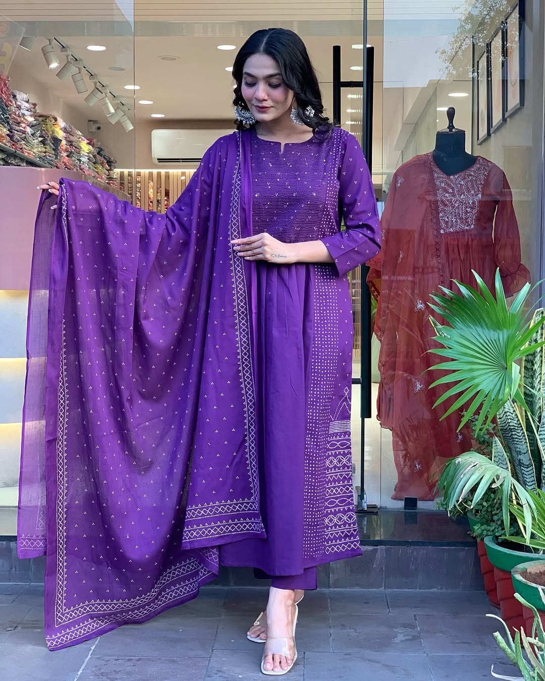 Purple Chanderi Readymade Pant Style Kurti with Dupatta
