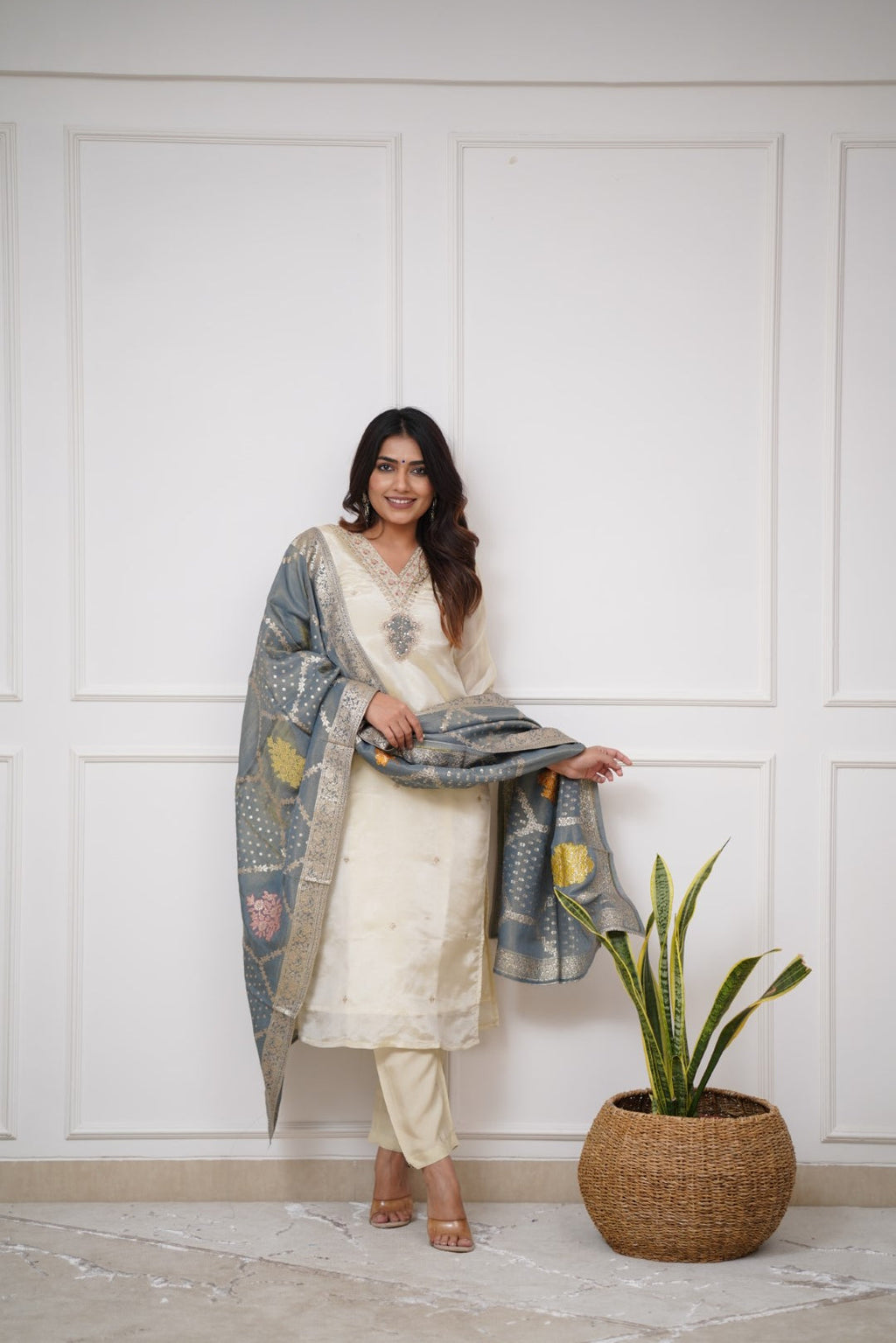 Off White Embroidered Viscose Kurta Set