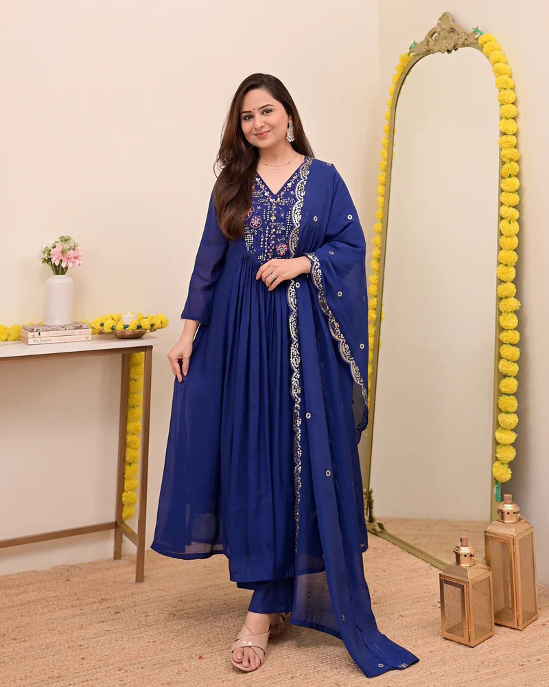 Persian Blue Noor Handwork Mul Chanderi A Line Suit