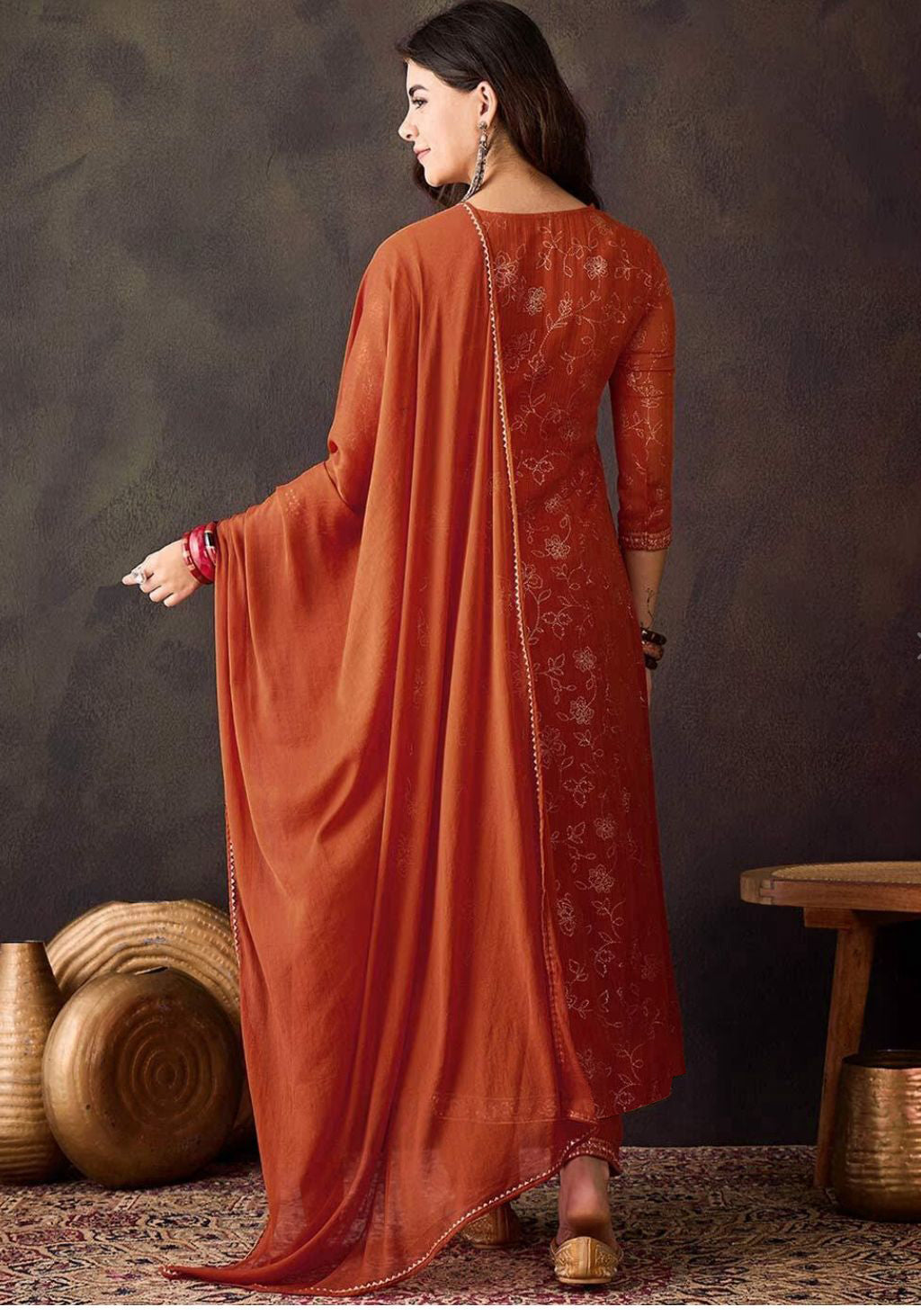 Orange Georgette Women's Kurta, Pant with Dupatta Set