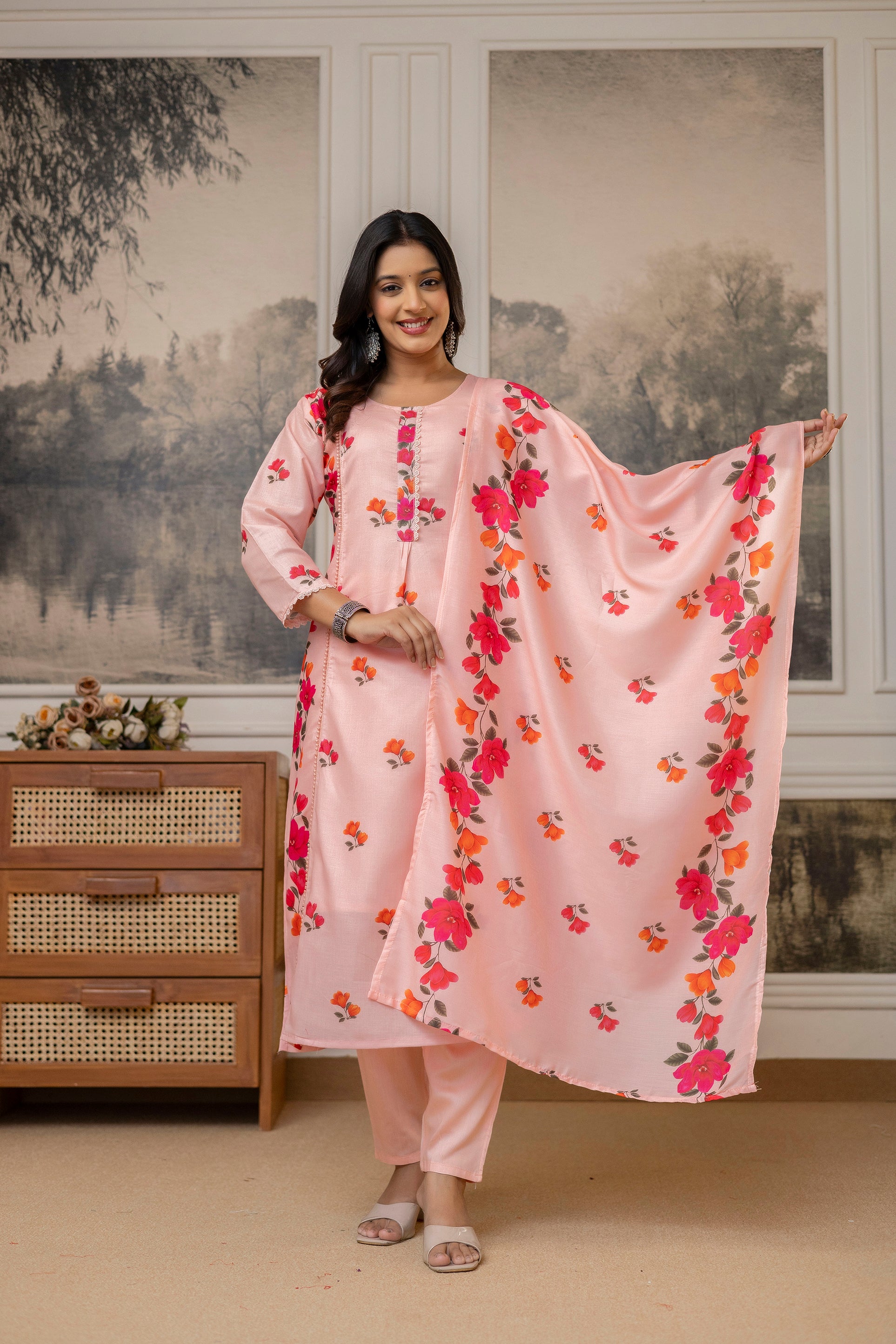 Peach Colour Contemporary Stitched Cotton Printed Kurti with Bottom and Dupatta for Functional Wear