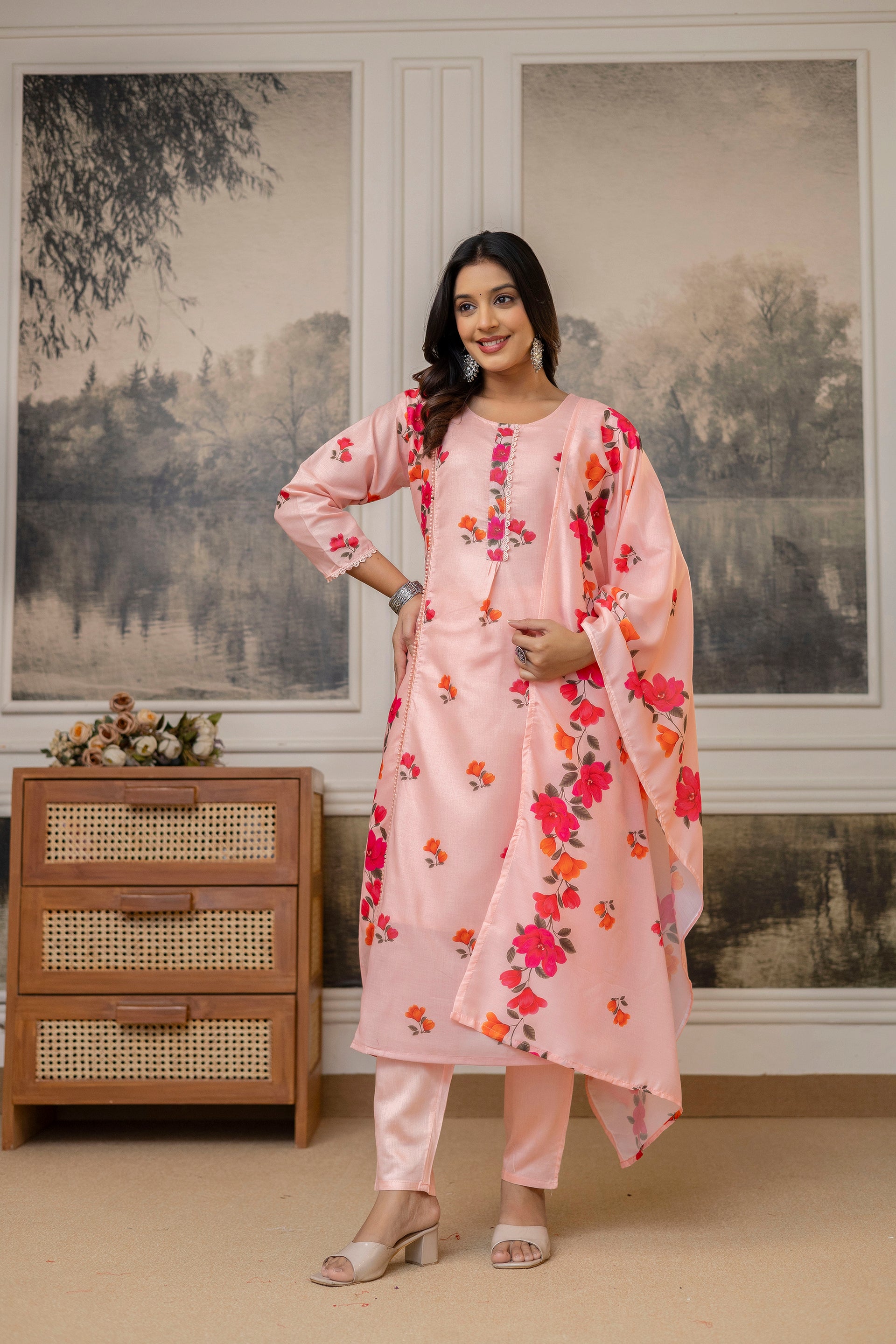 Peach Colour Contemporary Stitched Cotton Printed Kurti with Bottom and Dupatta for Functional Wear