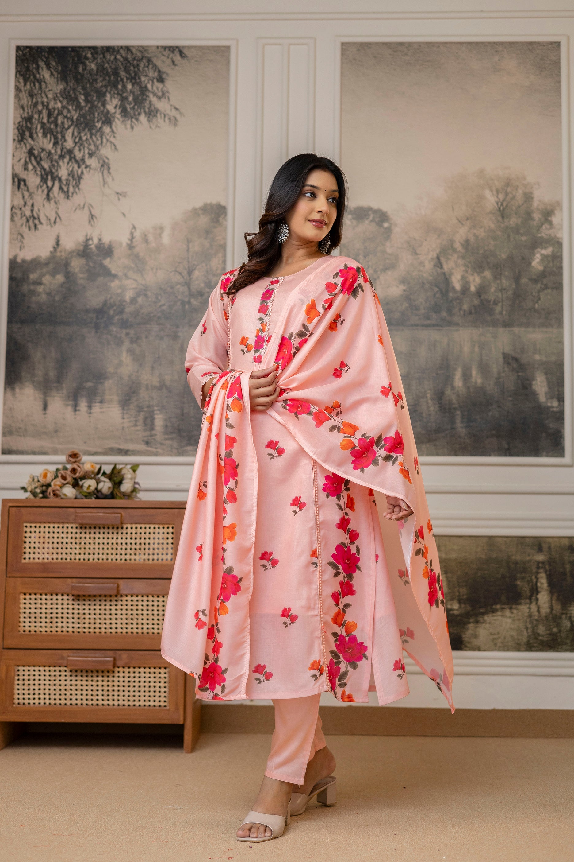 Peach Colour Contemporary Stitched Cotton Printed Kurti with Bottom and Dupatta for Functional Wear