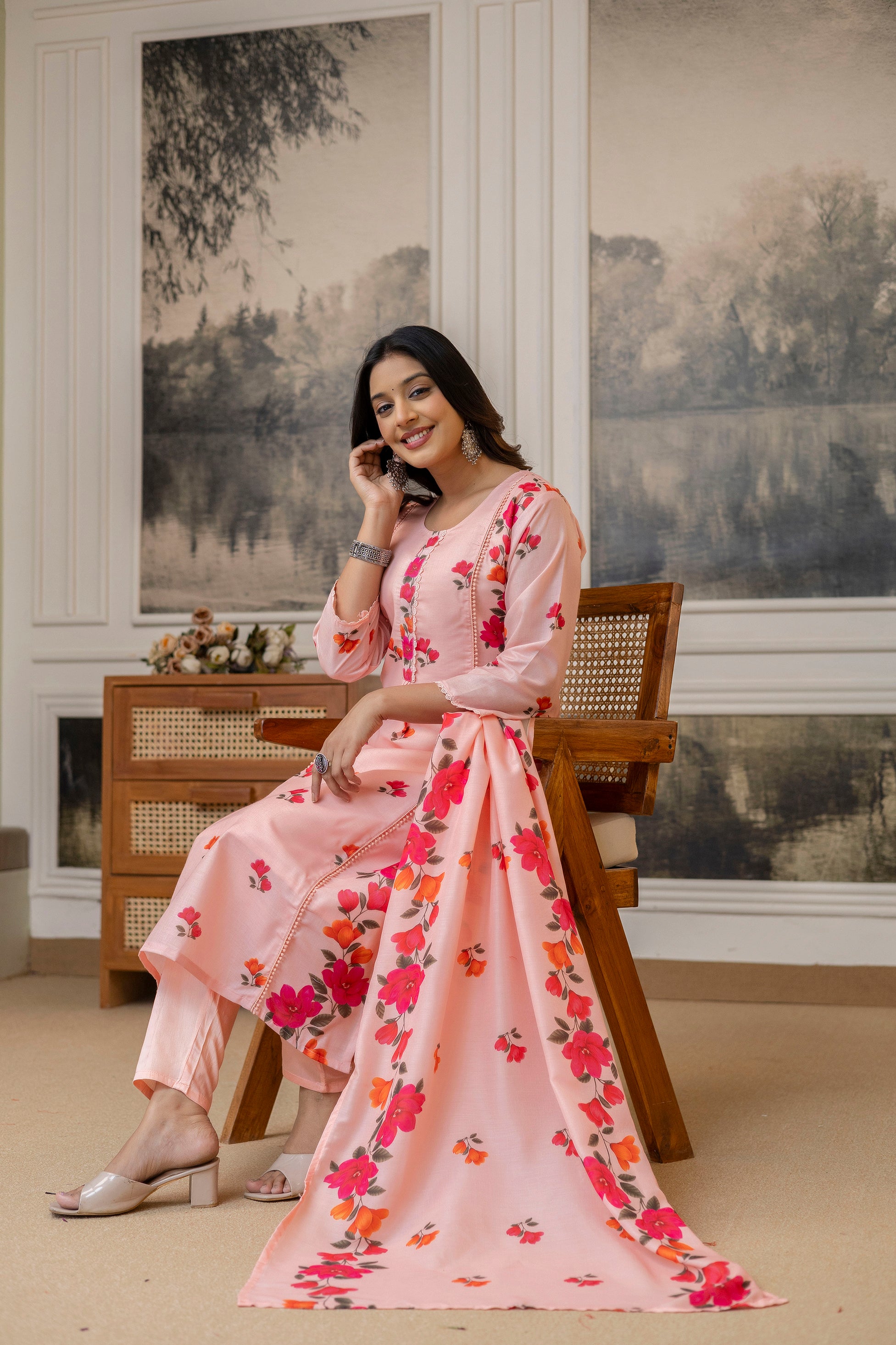 Peach Colour Contemporary Stitched Cotton Printed Kurti with Bottom and Dupatta for Functional Wear