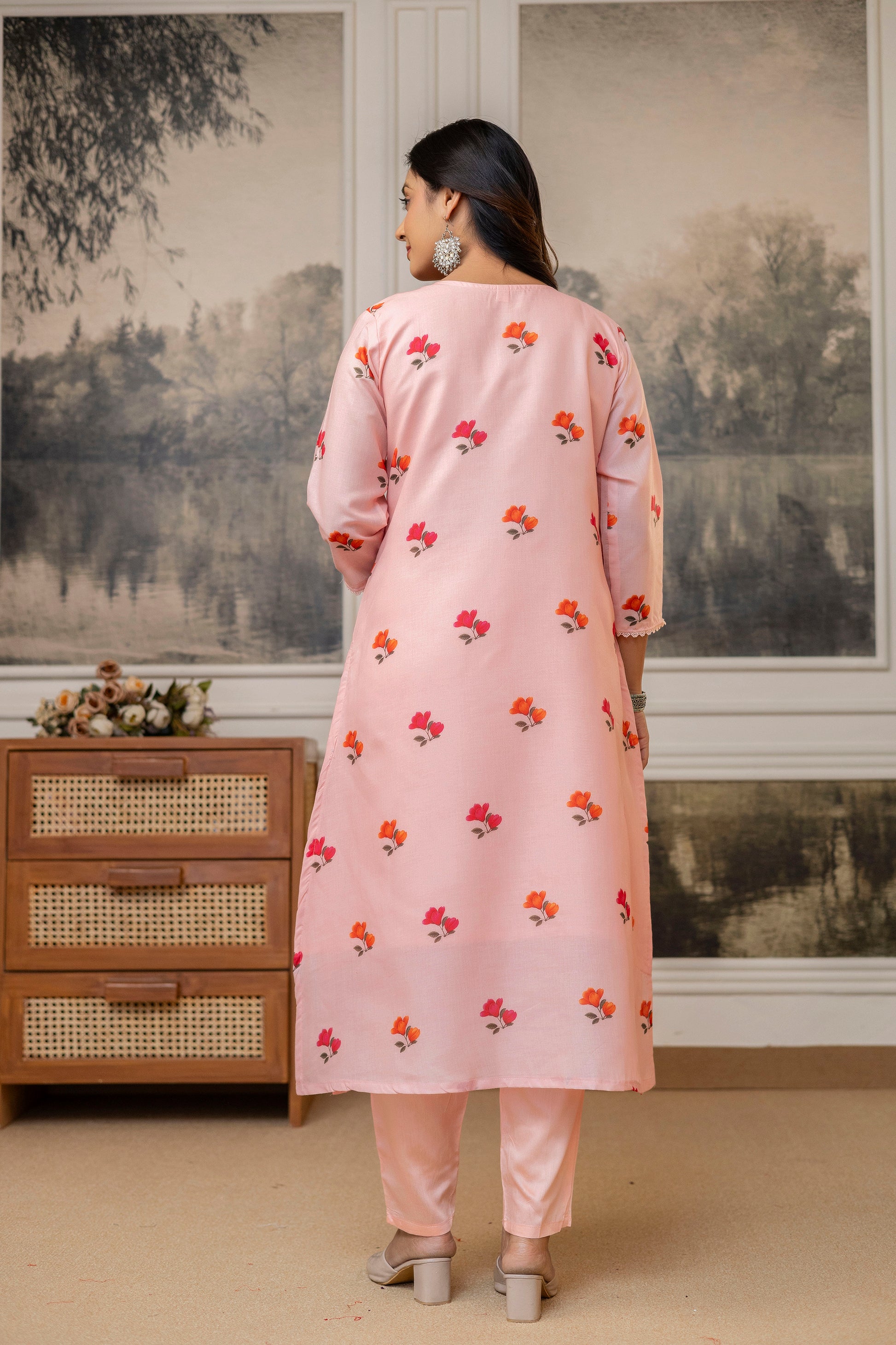 Peach Colour Contemporary Stitched Cotton Printed Kurti with Bottom and Dupatta for Functional Wear