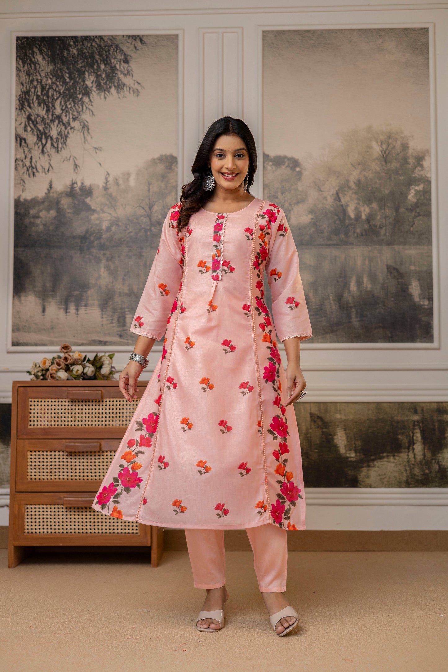 Peach Colour Contemporary Stitched Cotton Printed Kurti with Bottom and Dupatta for Functional Wear