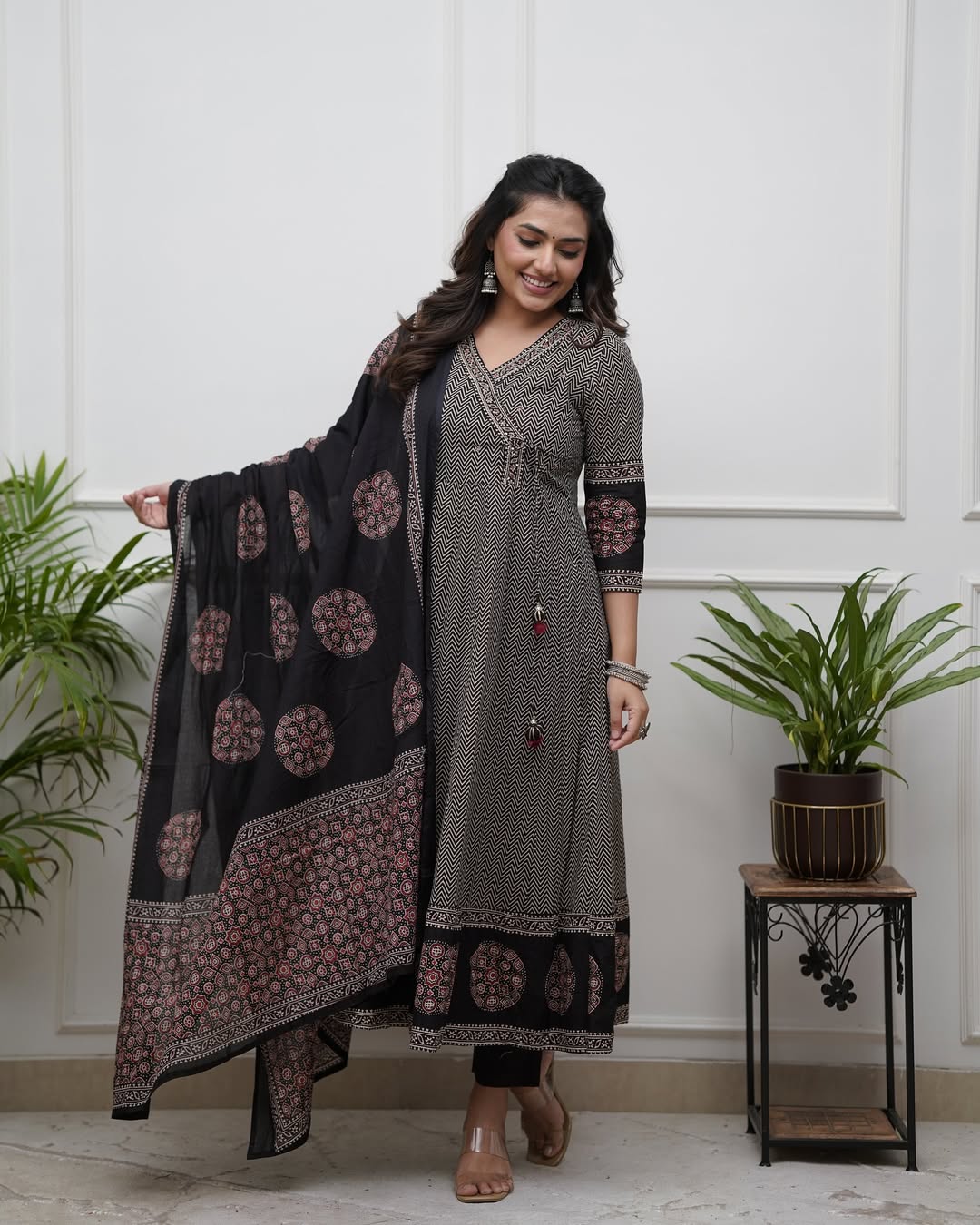 Black Thread Work Cotton Salwar Kameez, Pant With Dupatta