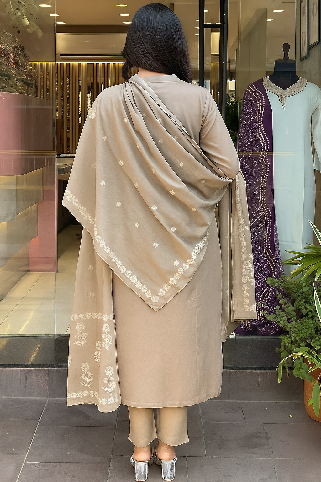 Impressive Cream Cotton Flared Kurta Pant Set with Dupatta for Daily Festive Wear