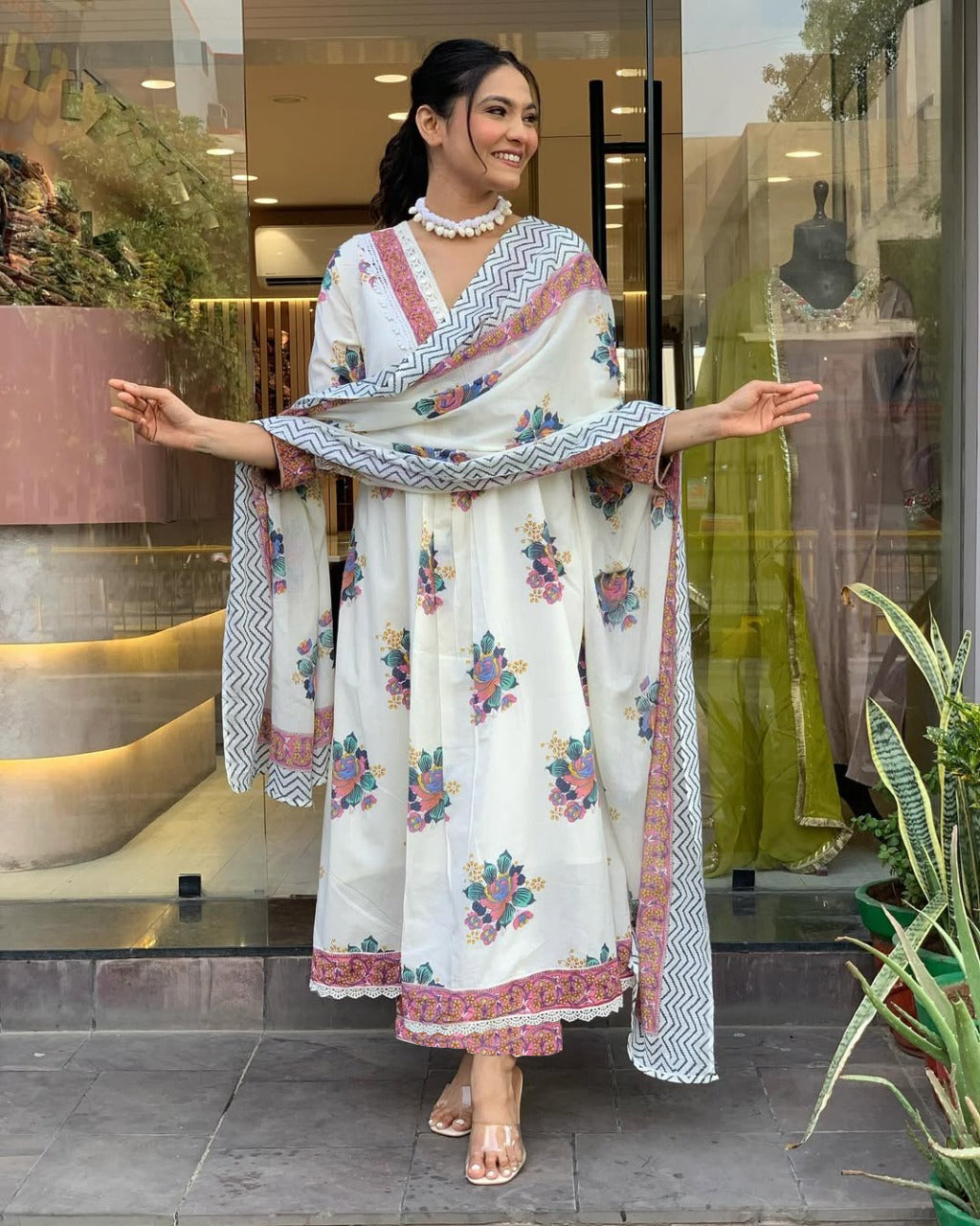 White cotton printed kurta pant dupatta set