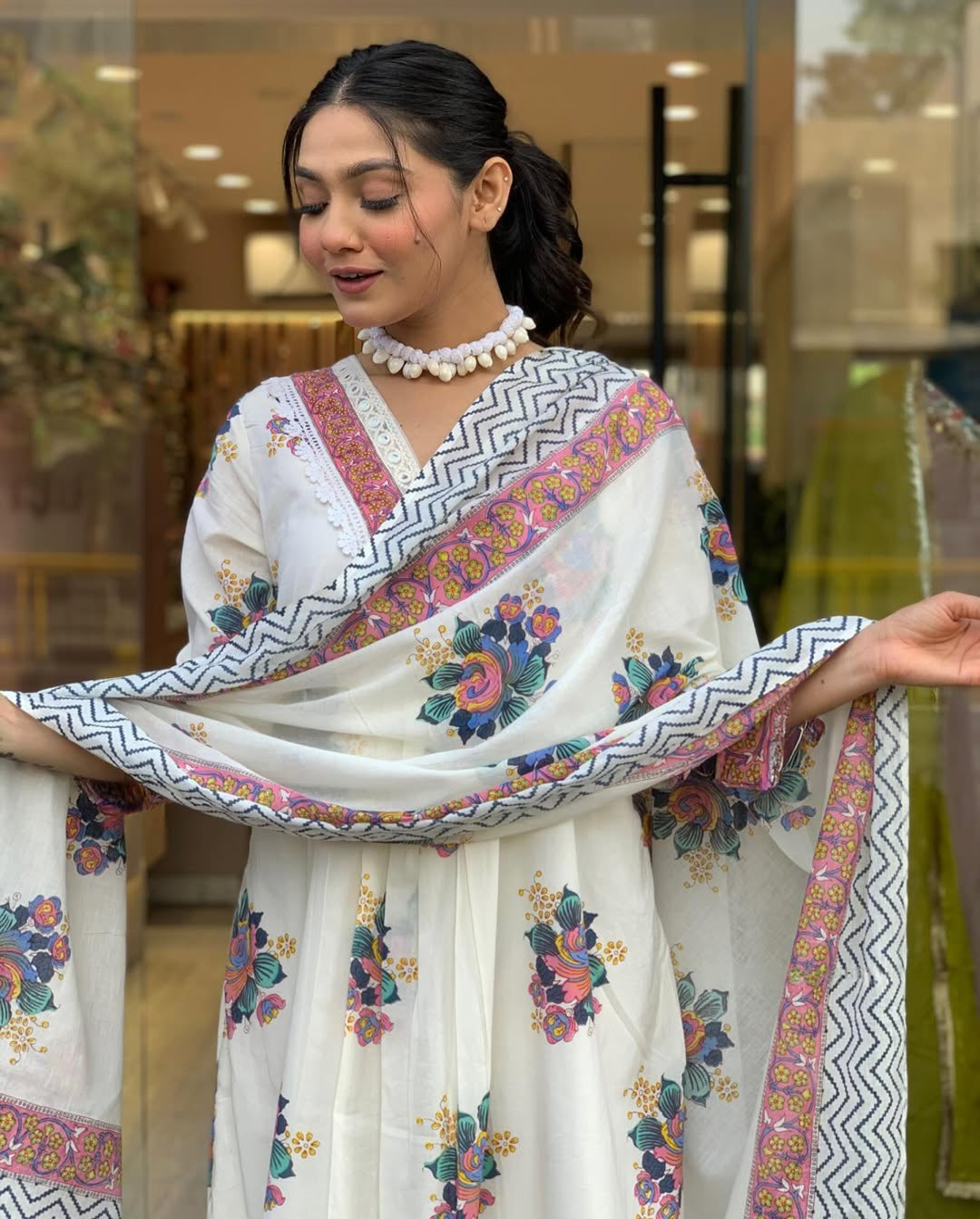 White cotton printed kurta pant dupatta set