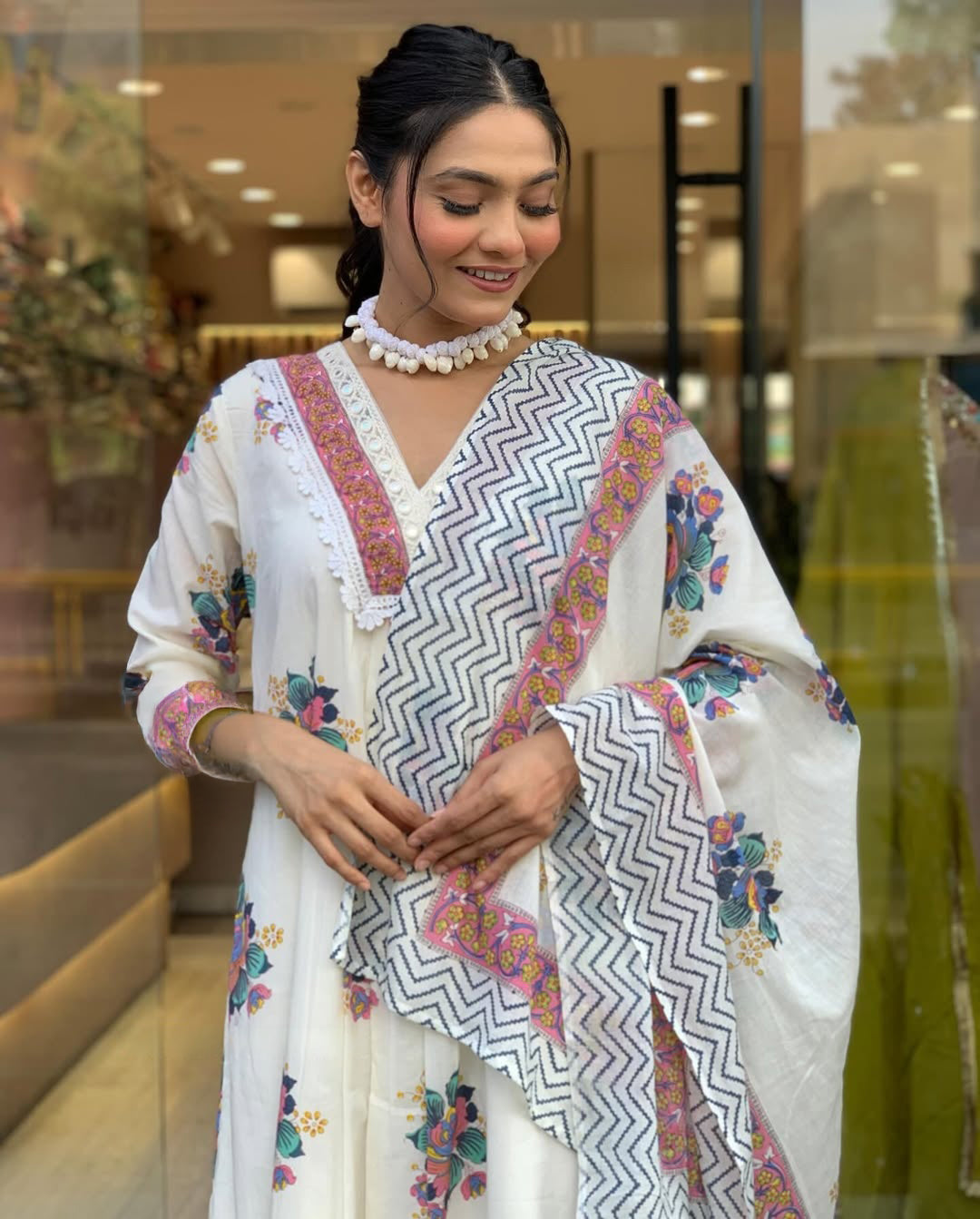 White cotton printed kurta pant dupatta set