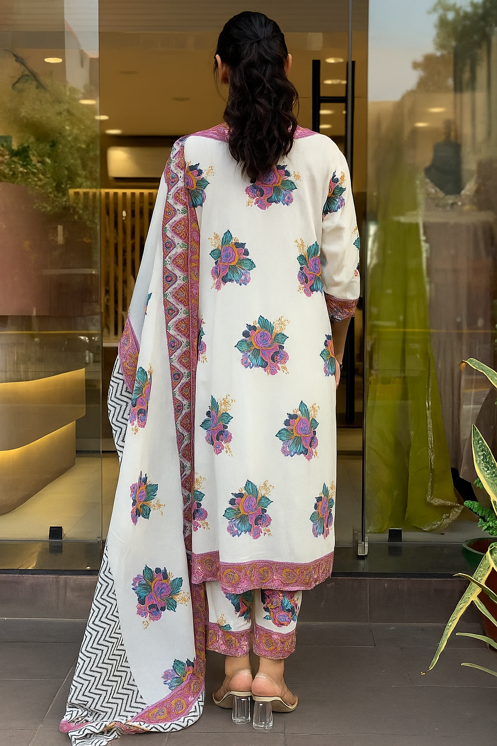 White cotton printed kurta pant dupatta set