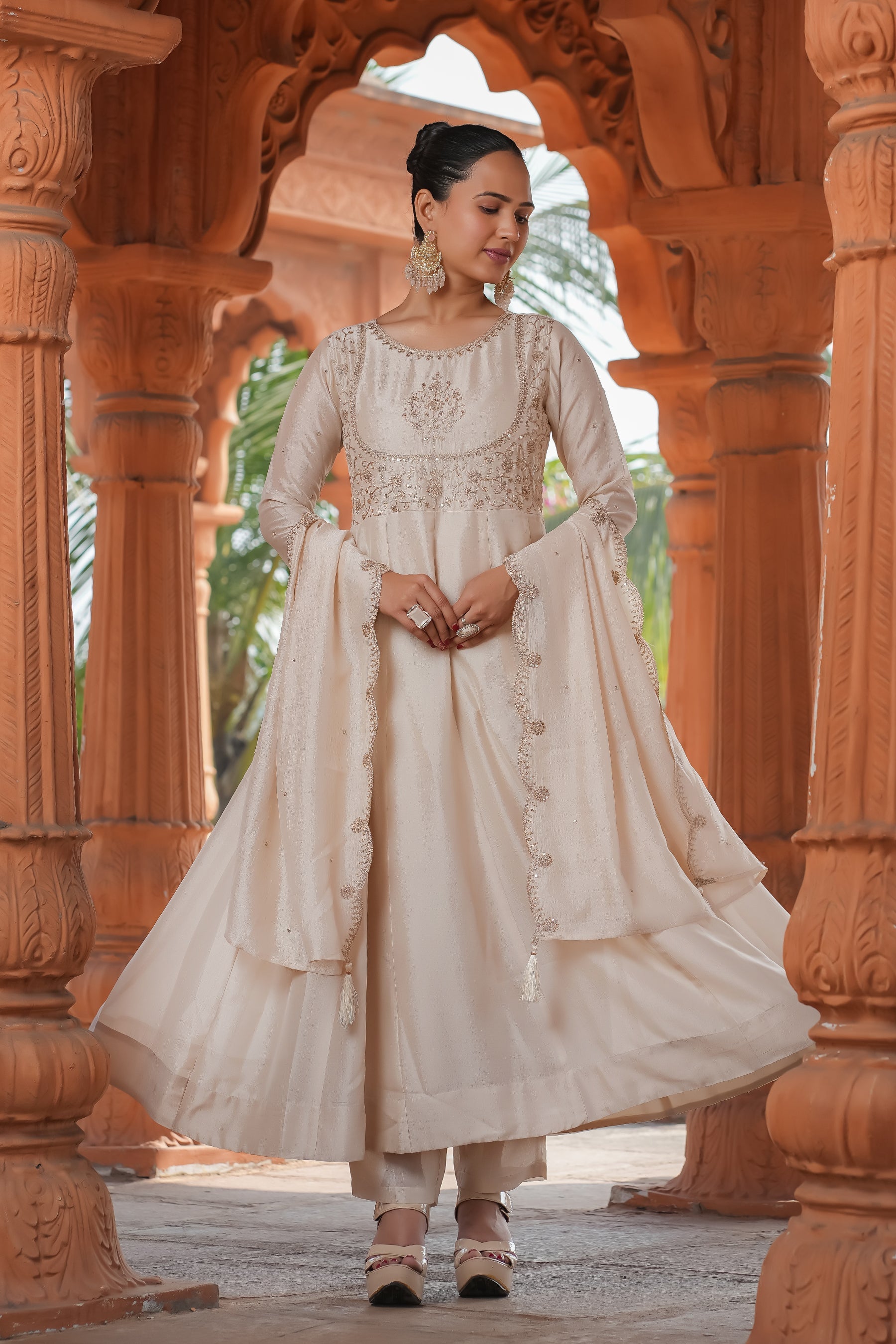 Cream Vichitra Silk Embroidery Kurta Set