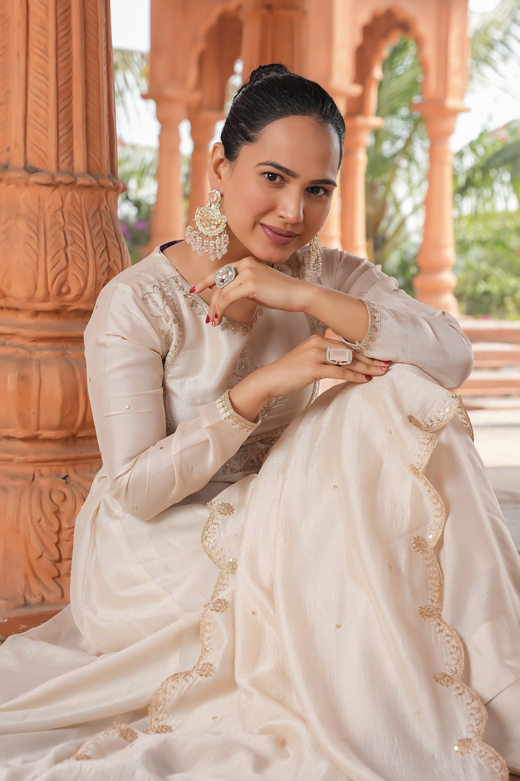 Cream Vichitra Silk Embroidery Kurta Set