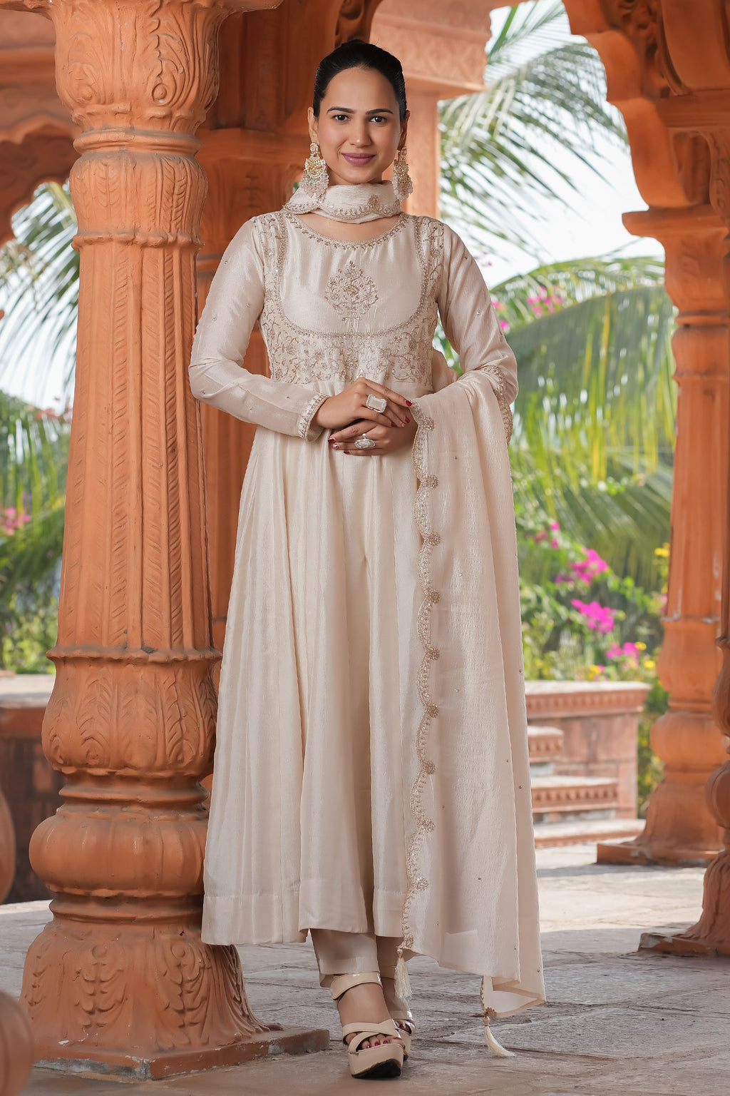 Cream Vichitra Silk Embroidery Kurta Set