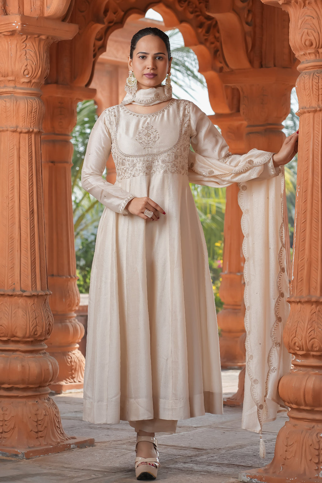 Cream Vichitra Silk Embroidery Kurta Set