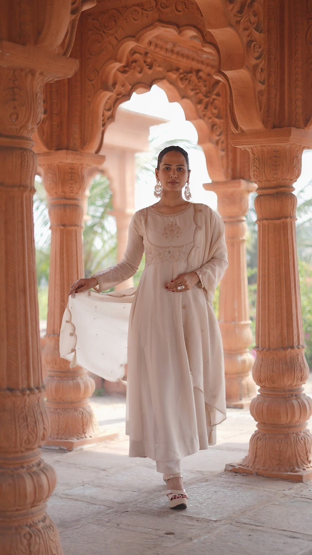 Cream Vichitra Silk Embroidery Kurta Set