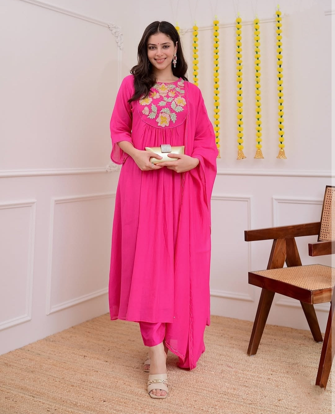 Pink A Line Mul Chanderi Handwork Festive Suit