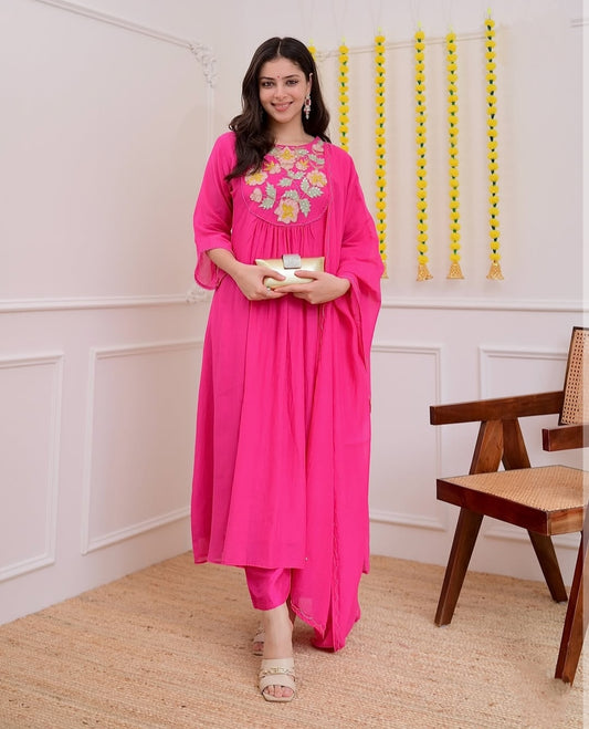 Pink A Line Mul Chanderi Handwork Festive Suit
